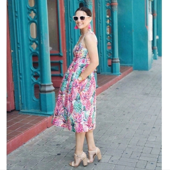 J. Crew NWOT Painted Pineapple Print Speghetti Strap Midi Dress Size 4 Women's - Picture 6 of 13